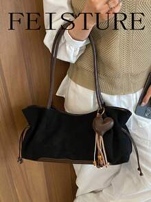 FEISTURE 1pc Suede Pleated Shoulder Bag, Fashion Contrast Color Large Capacity Shoulder Bag With Pendant, Suitable For Girls, Women, College Students, Office Newcomers And White-Collar Workers, Perfect For Work, Business, Commute, School - Black - View 3