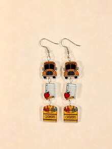 1Pair Stainless Steel Ear Hook Smooth Acrylic Bus Notebook Crayon Printed Drop Earrings For Women Girl Students Back To School Day Or Teacher's Day - Multicolor - View 1