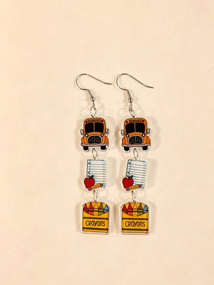 1Pair Stainless Steel Ear Hook Smooth Acrylic Bus Notebook Crayon Printed Drop Earrings For Women Girl Students Back To School Day Or Teacher's Day - Multicolor - View 1