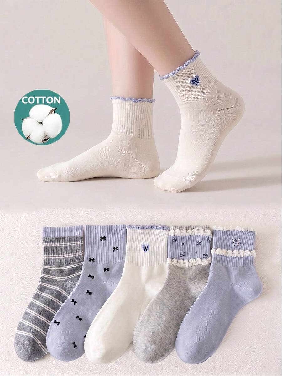 1/5 Pairs Women's Bowknot Ruffle Edge Short Socks, Cotton Socks, Soft & Breathable, Personalized, Preppy Style, Suitable For Home, Commute, Holiday Gifts - Multicolor - View 1