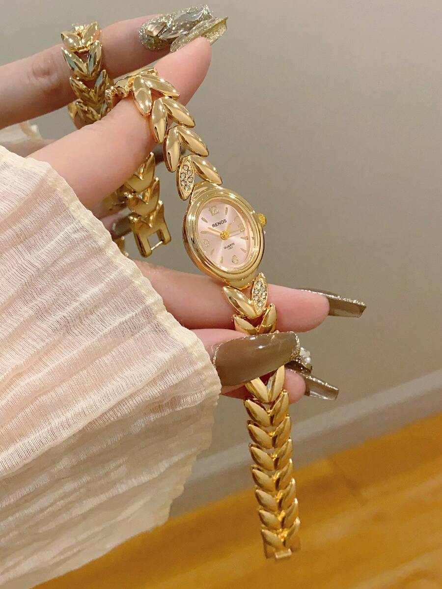 金色錶帶橢圓形粉色錶盤，搭配獨特錶帶設計與極簡刻度，是完美的日常配件或禮物 - 金色 - 查看 1