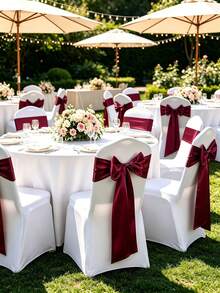6/12/24/48pcs Burgundy Satin Chair Sashes Bow Ribbon For Chair Cover Decoration, Silky Sash Bands For Wedding Banquet Birthday Party Outdoor Reception Decor - Burgundy - View 1
