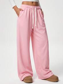 KyrLssu Women's Drawstring Elastic Waist Wide Leg Sweatpants, Casual Loose Fit Oversized Long Pants With Pockets - Pink - View 3
