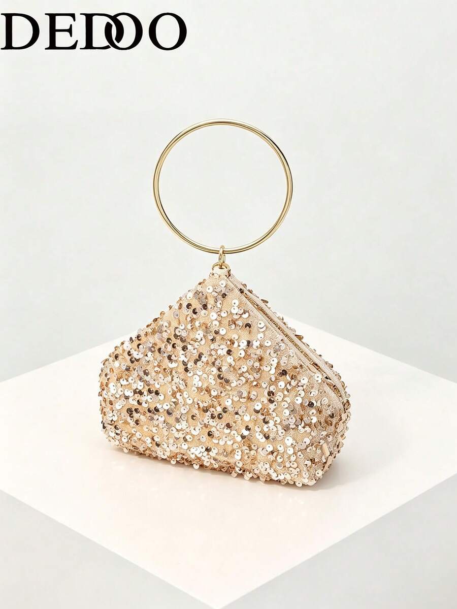 Dedoo 女款三角晚宴手拿包,亮片刺繡布料,金屬環手柄,拉鍊開合,奢華優雅派對婚禮宴會包 - 金色 - 查看 1