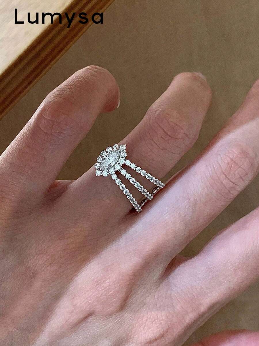 1pc French Style Full Cubic Zirconia Marquise Cut Copper Alloy Ring, Suitable For Women's Banquet, Party, Wedding Wear