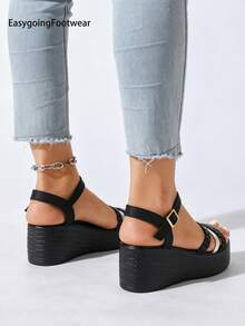 Women's Plus Size Woven Open Toe Wedge Sandals, Thick Sole Non-Slip Versatile Casual Shoes For Summer - Black - View 9