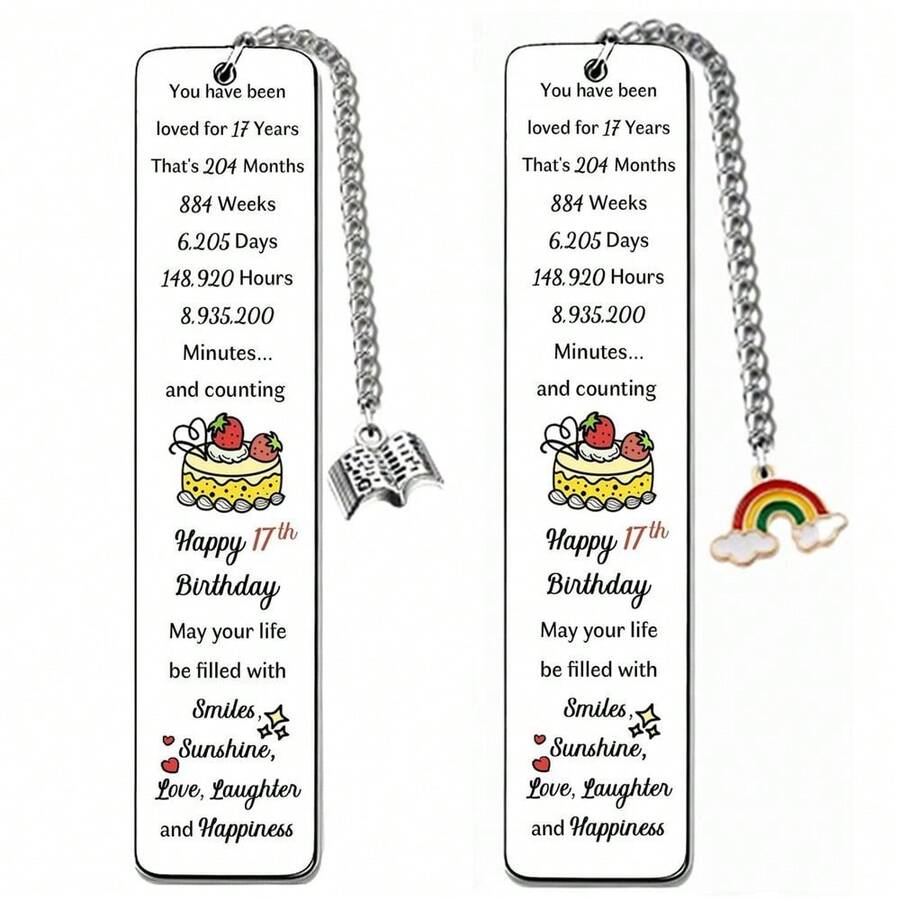 2pcs Colorful Pattern Metal Bookmarks "17th Birthday Commemoration" Creative Customized Gift, Birthday Blessing Souvenir Gift For Son And Daughter, Highly Commemorative Time Countdown Page Clip, Exquisite Gift For Reading Enthusiasts And Book Lovers, Anniversary Holiday Party Decoration Gift - Rectangle - View 1