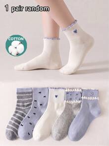 1/5 Pairs Women's Bowknot Ruffle Edge Short Socks, Cotton Socks, Soft & Breathable, Personalized, Preppy Style, Suitable For Home, Commute, Holiday Gifts - Multicolor - View 7