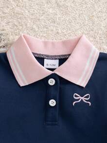 Baby Girl Autumn/Winter Versatile Simple Cute Preppy Style Polo Collar Royal Blue Pink Bow Embroidery Pattern Long Sleeve Dress - Royal Blue - View 3