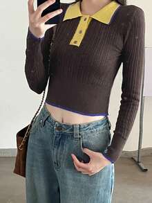Versatile Design Polo Collar Contrast Color Long Sleeve Top - Coffee Brown - View 2