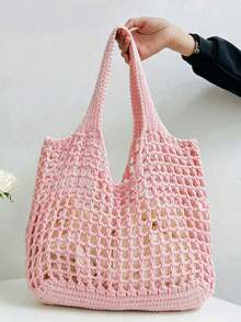 Large Capacity Crochet Shoulder Tote Bag, Lightweight Multifunctional Knitted Handbag, Suitable For Travel, Beach, Vacation And Daily Use - Pink - View 5