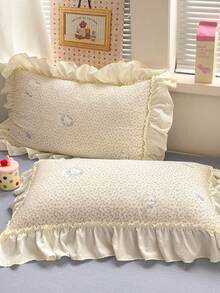 4pcs Cute Cat Floral Bedding Set, Ruched Lace Design, Soft And Comfortable Bedroom Bedding, Breathable Soft All-Season Bedding Set, Includes 1 Duvet Cover, 1 Bed Sheet, 2 Pillowcases, No Filling, Suitable For Dorm, Bedroom Home Use, Multiple Size Options - Beige - View 12