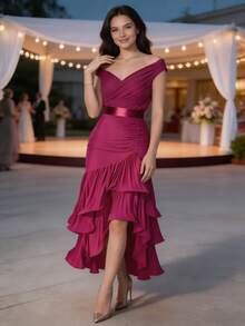 Vestidos de fiesta elegantes mujer nueva colección europea color liso dulce cintura alta ajustada hombro asimétrico fruncido falda irregular con volantes vestidos elegantes largos - Rosa Fucsia - Ver 3