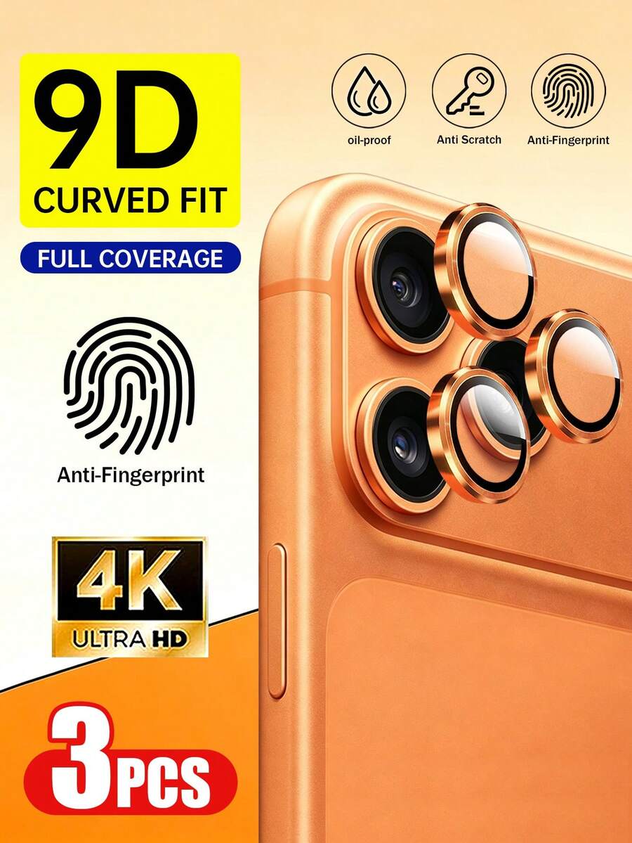 3片裝橘色相機鏡頭保護膜，相容於 Phone 18 Pro Max/Phone 18 Pro/Phone Ultra/Phone 13 14 15 16 17 Promax Pro 16 Plus 16E 17 Air 17E，亮面相機鏡頭保護膜，相容於 保護殼，保護膜，9H 鋼化玻璃相機蓋 - 橘色 - 查看 1