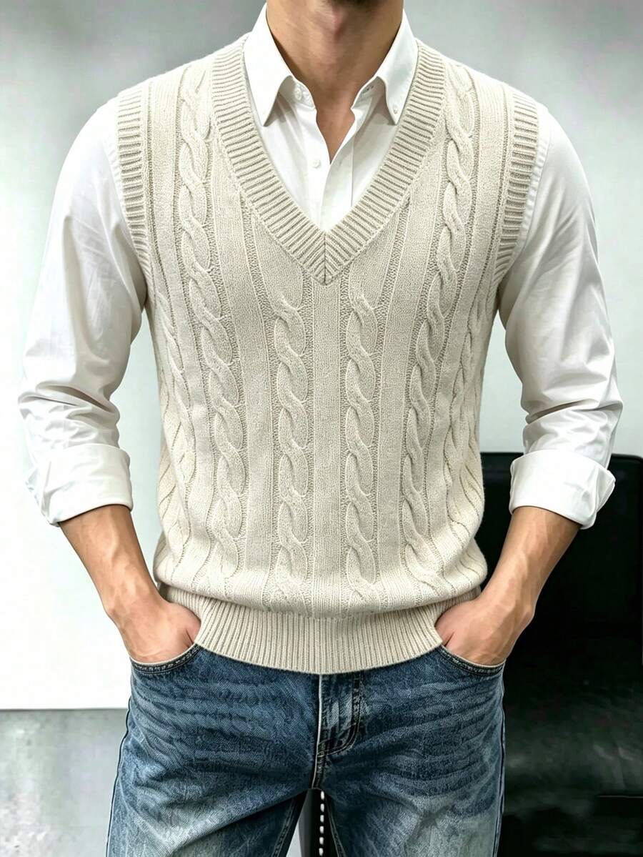 Men's V-Neck Knit Vest Sweater, Solid Color, Casual Daily Wear, Commuting - Apricot - View 1