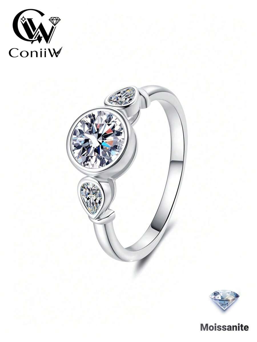 ConiiW A 1.6-Carat Round Pear-Shaped Moissanite Bubble Ring In 925 Sterling Silver, Unisex, Simple And Suitable For Everyday Wear.