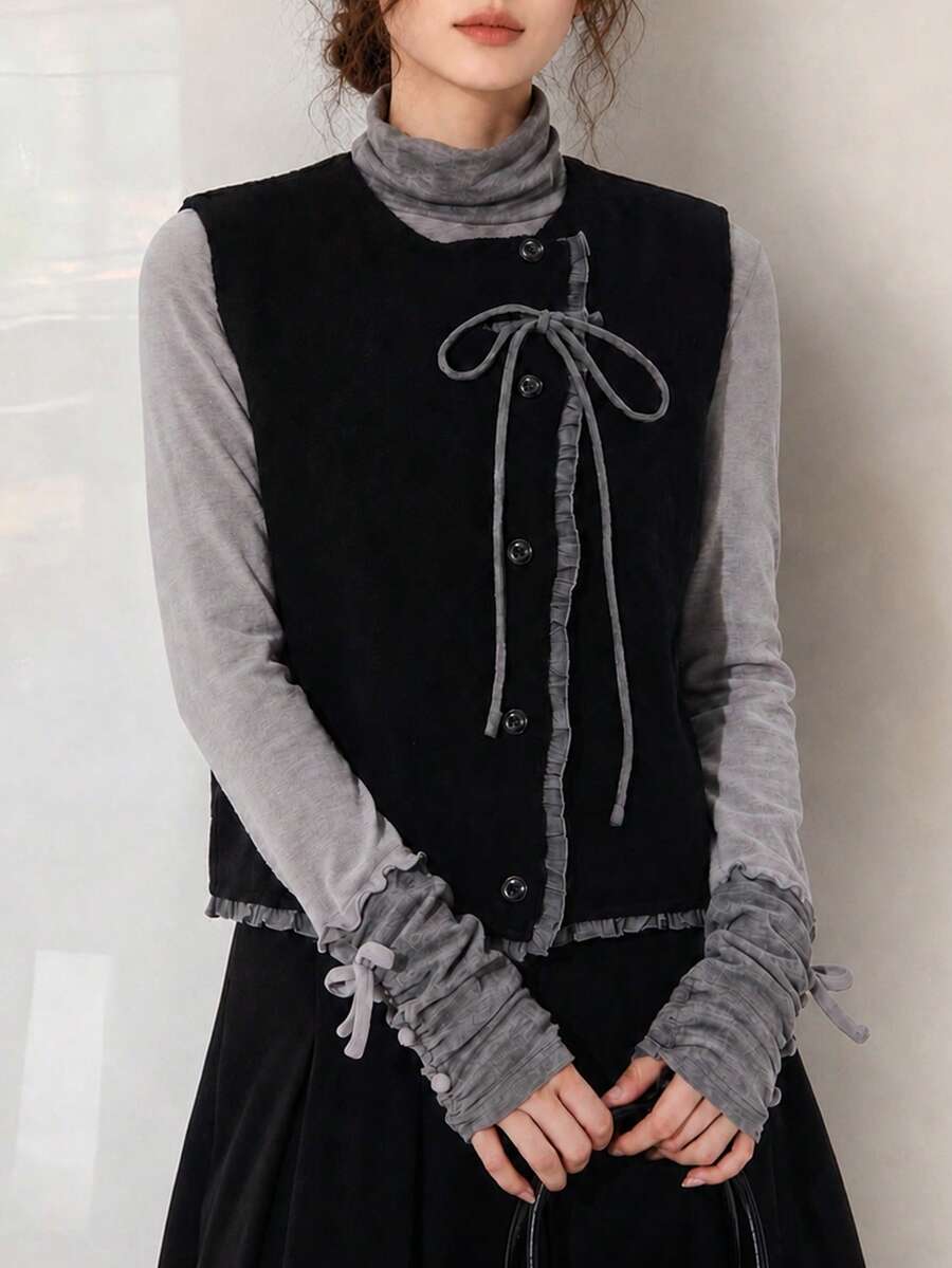 Women's Autumn/Winter Casual Elegant Contrast Trim Round Neck Knitted Cardigan Vest Top - Black - View 1