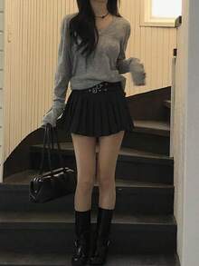 Spring/Summer New Hot Girl Vintage Slimming High Waist Anti-Exposure Double Belt Striped Pleated Skirt - Black - View 7