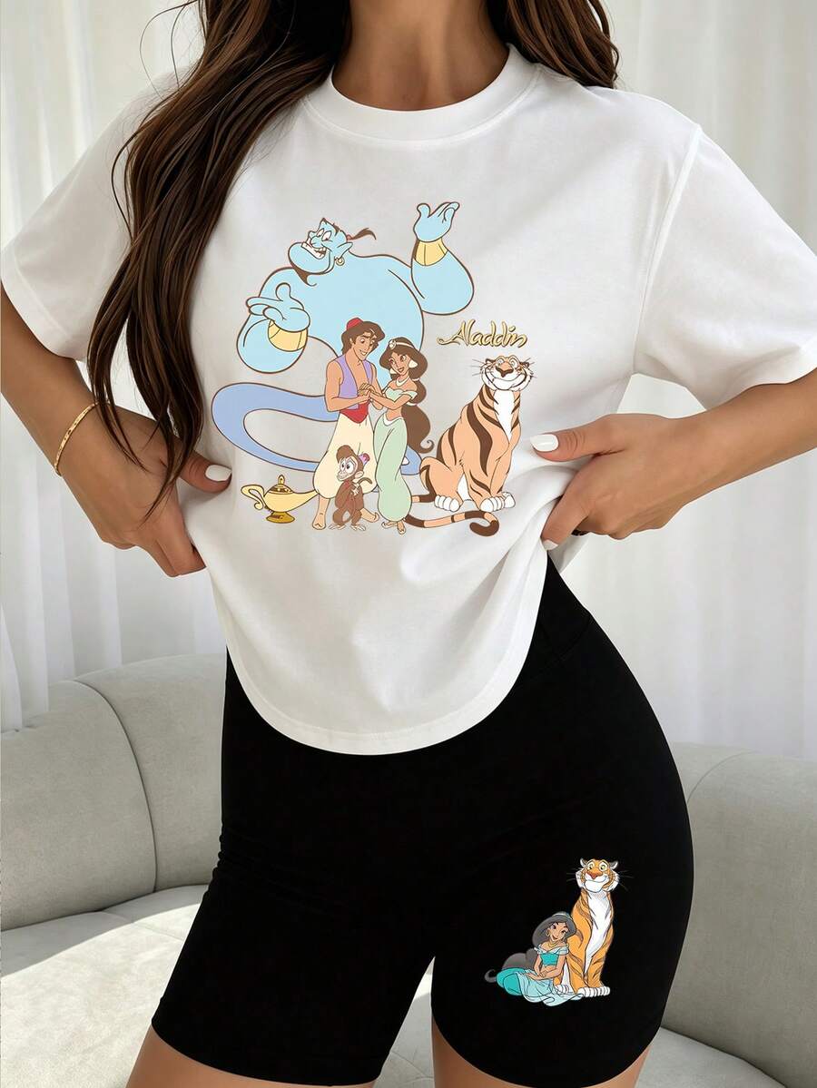 Disney Women Summer 2‑Piece Sports Outfit, Short Sleeve Top & Tight‑Fit Shorts, Casual Set White Black - White - View 1