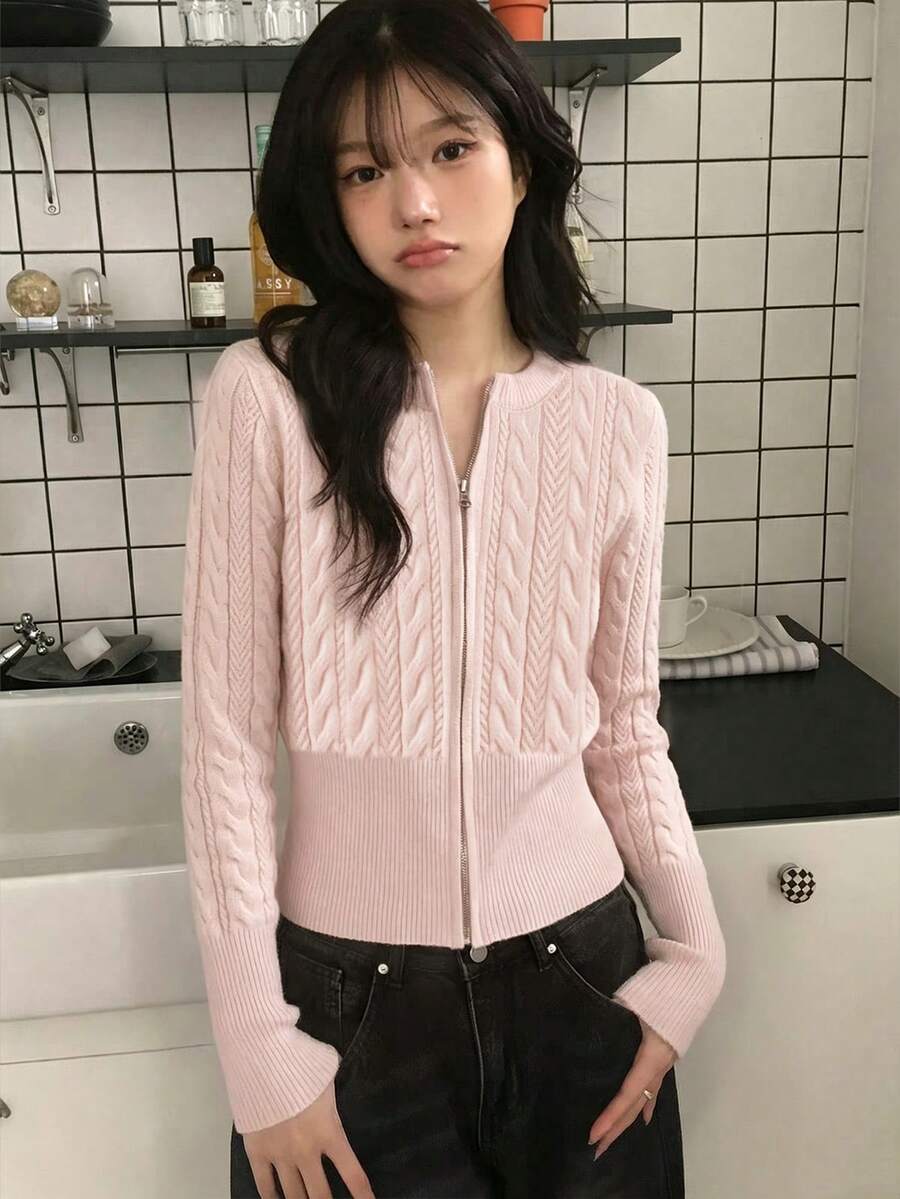 Pink Zipper Cardigan Sweater Jacket Women's Spring Round Neck Short Open Front Inner Layer Top - Pink - View 1