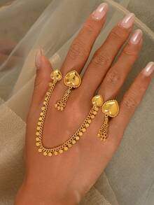 1pc Vintage Arabic Style Heart Tassel Chain Double Finger Ring, Elegant Women's Ring For Daily Wear, Holiday Gift, Wedding Jewelry - Yellow Gold - View 7