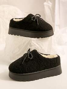 Thick Sole Suede Bowknot Decor Closed-Toe Slippers With Thermal Lining Slip-On Fuzzy Slippers Round Toe Snow Boots - Black - View 2
