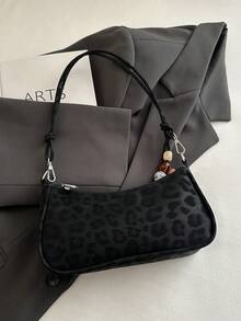 1pc Black Leopard Print PU Baguette Shoulder Bag For Women - Black - View 5