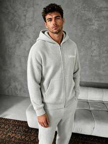 Men's American Casual Ribbed Knit Hooded Cardigan, Letter Embroidery On Chest, Dropped Shoulder Zip-Up Knit Jacket - Grey - View 3