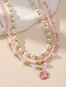 NAIZHU 3pcs Kalung Anak-Anak Motif Bunga dan Hati dengan Mutiara Imitasi Berlapis-lapis, Cocok untuk Pemakaian Sehari-hari dan Pesta - MultiWarna - View 2