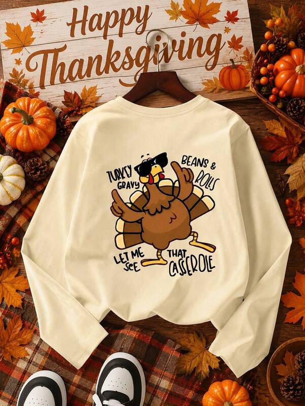 1pc Tween Boy Thanksgiving Print Long Sleeve T-Shirt, Young Student Apparel Suitable For Autumn/Winter, Can Be Worn As Layering Or Outerwear