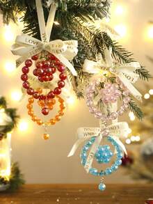 1 món đồ treo trang trí cây thông Noel đính hạt với nơ satin, phụ kiện trang trí lễ hội tinh xảo, phù hợp cho dây hoa leo, lò sưởi, phòng khách, trang trí nhà mùa đông - Kiểu 2 - Xem 6