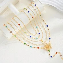 Exquisite Y-Shaped Colorful Diamond Flower Tassel Necklace, Luxury Multi-Layer 5-Piece Necklace Set - Gold - View 4