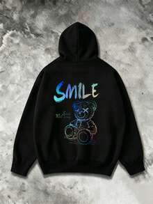 Plus Size Men's Hoodie, Autumn/Winter Street Style, Bear Graphic With English Slogan, Kangaroo Pocket - Black - View 2