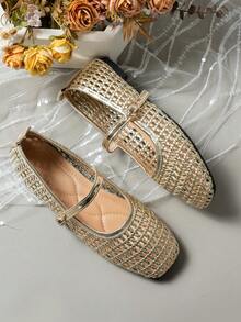 1 Pair Outdoor Gold Mesh Spring, Autumn, Summer, Winter Slip-On Mary Jane Women's Fashion Flat Shoes - Gold - View 3