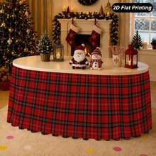 1pc 2D Flat Christmas Tablecloth Red Plaid Striped Table Skirt, Perfect For Home Kitchen Christmas Decor, Family Holiday Party Christmas Decoration - A - View 1