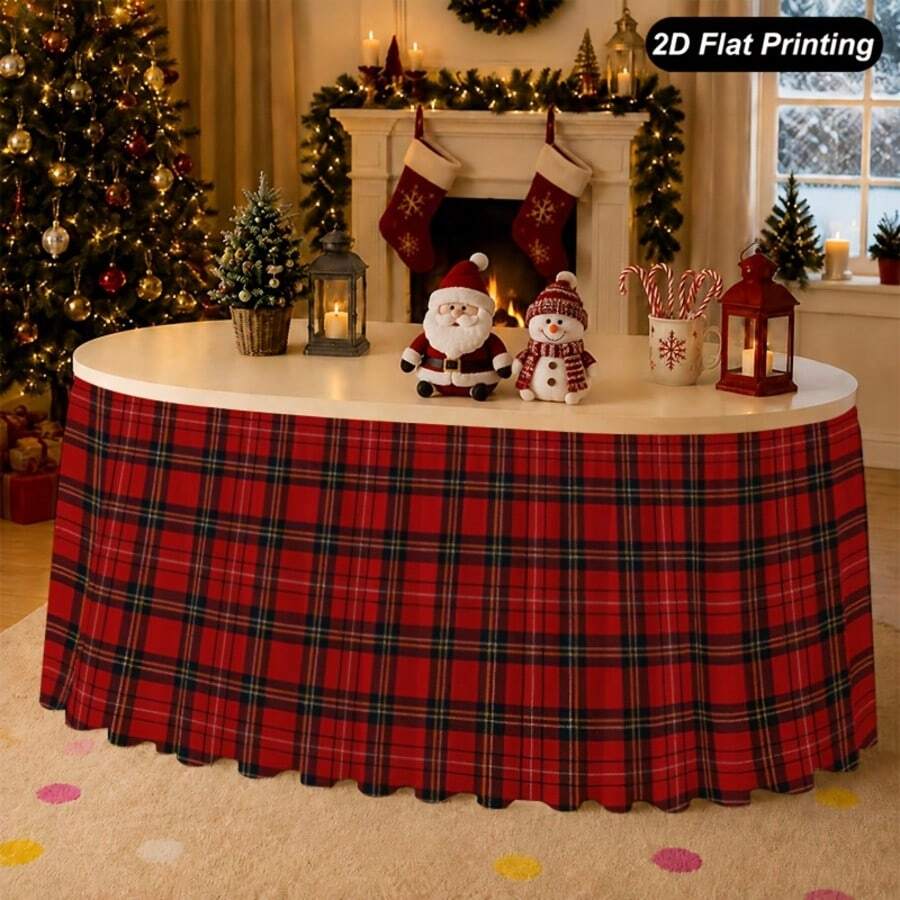 1pc 2D Flat Christmas Tablecloth Red Plaid Striped Table Skirt, Perfect For Home Kitchen Christmas Decor, Family Holiday Party Christmas Decoration - A - View 1