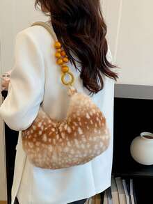 1pc Soft Plush Deer Pattern Handbag, New Style Atmosphere Shoulder Bag, Versatile Fuzzy Bag, Large Capacity Cute Plush Bag - White - View 4