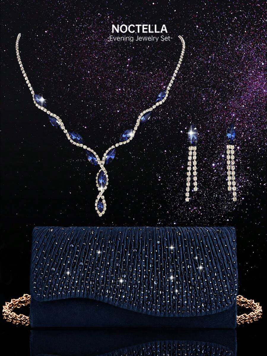 Noctella Shiny Rhinestone Women's Envelope Clutch Evening Bag, Luxury Women's Party Shoulder Bag Ball Bag, Paired With Shiny Rhinestone Pendant 2 Pieces Set, Rhinestone Pendant Necklace, Earrings, Suitable For Party, Gathering, Evening Banquet, Ball - Navy Blue - View 1