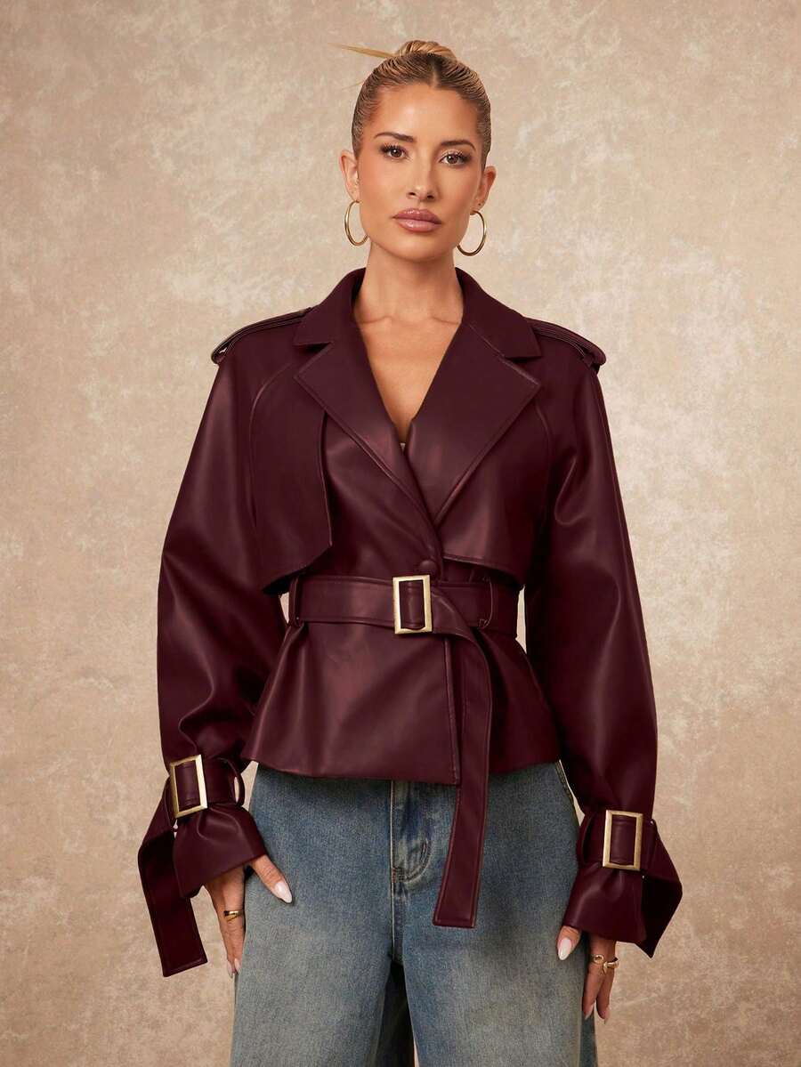 Casual Women's Solid Color Double Breasted Long Sleeve Trench Coat - Bordeaux - View 1