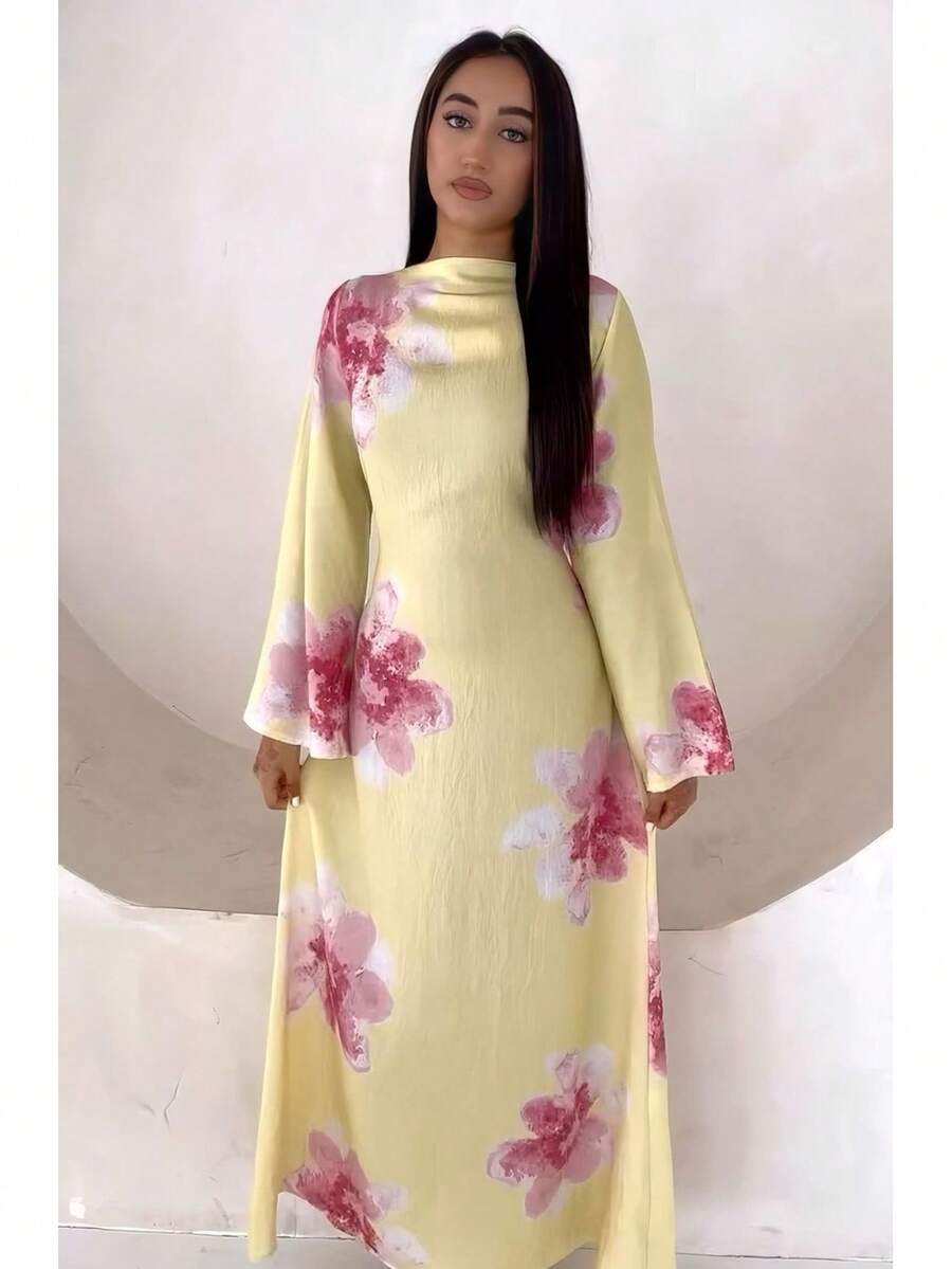 European And Middle Eastern Style Pure American Print Dress, Cinched Waist Allover Print Long Skirt With Leaf And Floral Pattern, Boho Fall Yellow - Yellow - View 1
