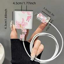5pcs 2D Floral Design Phone Charger Protector Set, Charger Head Cover + Cable Protector + Storage Rope + Data Cable Protector Wrap Rope, Compatible With IPhone 20W/18W Charger - Multicolor - View 5