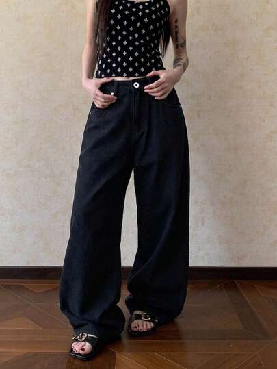 Women's Loose High Waist Wide Leg Casual Denim Jeans, Summer