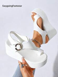 Women's Toe-Loop Single Strap Wedge Sandals, Fashionable Metal Buckle, Suitable For Outdoor Wear, Shopping, Commuting And Dating - White - View 4