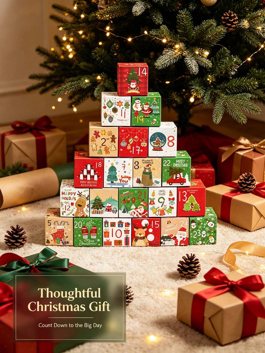 24/12pcs Christmas Countdown Calendar Box Set, 24-Grid Numbered Christmas Illustration Printed Square Paper Boxes, Christmas Advent Calendar Packaging Boxes, Holiday Countdown, Candy & Small Gift Storage, Decorative Paper Box Set - Multicolor - View 1