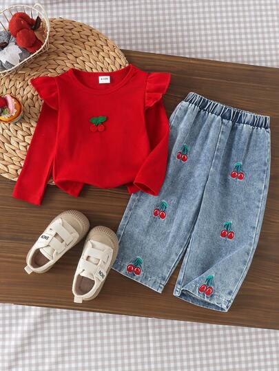 2pcs Baby Girl Sweet Cute Cherry Embroidery Flutter Sleeve Round Neck Top & Matching Embroidery Elastic Waist Denim Long Pants Set, Spring/Autumn
