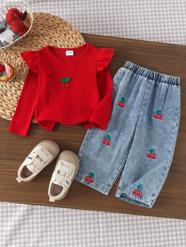 2pcs Baby Girl Sweet Cute Cherry Embroidery Flutter Sleeve Round Neck Top & Matching Embroidery Elastic Waist Denim Long Pants Set, Spring/Autumn