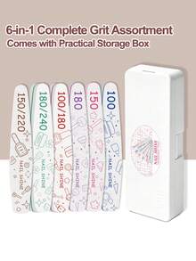 NailShine Bộ dũa móng tay chuyên nghiệp 6 trong 1 kèm hộp đựng - Độ nhám chuyên dụng để tạo hình, dũa và đánh bóng - Nhiều màu - Xem 1