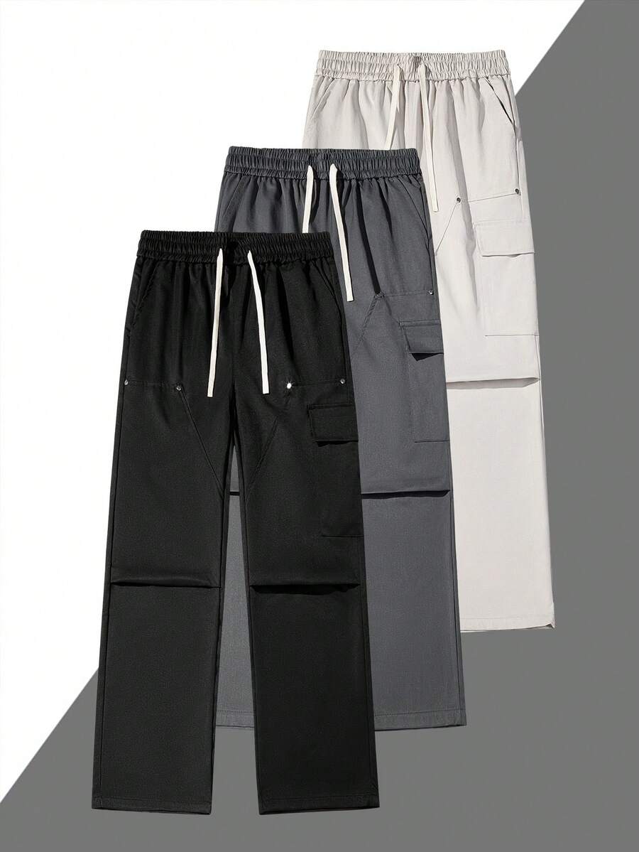 Men's Rivet Decor Cargo Pants Drawstring Elastic Waist Big Pockets Multi-Pockets Loose Wide Leg Straight Casual Long Pants - Black - View 1