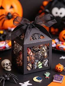 10pcs Halloween Gift Boxes,Hollow Spider Sweet Boxes,Halloween Party Favors,Black Halloween Party Gift Packaging Box,For Halloween Party Table Decor Supplies,Day Of The Dead Party,Halloween Party,Gothic Party Decor - A - View 2