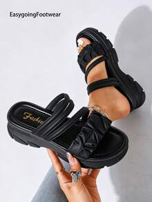 Women's Ruched Open Toe Soft Sole Sandals, Thick Sole Non-Slip, Versatile 2-Way Wear Half-Slide Sandals For Shopping - Black - View 4